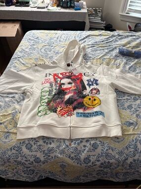 Lost Intricacy White Zip-Up Hoodie with Red & Black Graphic